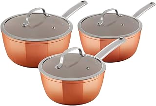 Tower T800017 Copper Forged Induction Pot Set With Glass Lid, Non Stick Ceramic Coating, Copper, 3 Piece, 18/20/22 cm