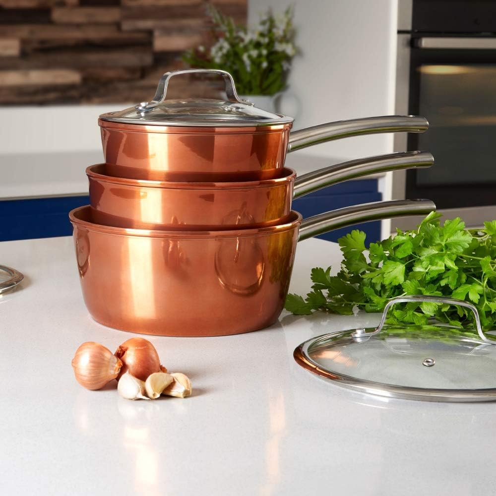 Tower T800017 Copper Forged Induction Pot Set With Glass Lid, Non Stick Ceramic Coating, Copper, 3 Piece, 18/20/22 cm-2