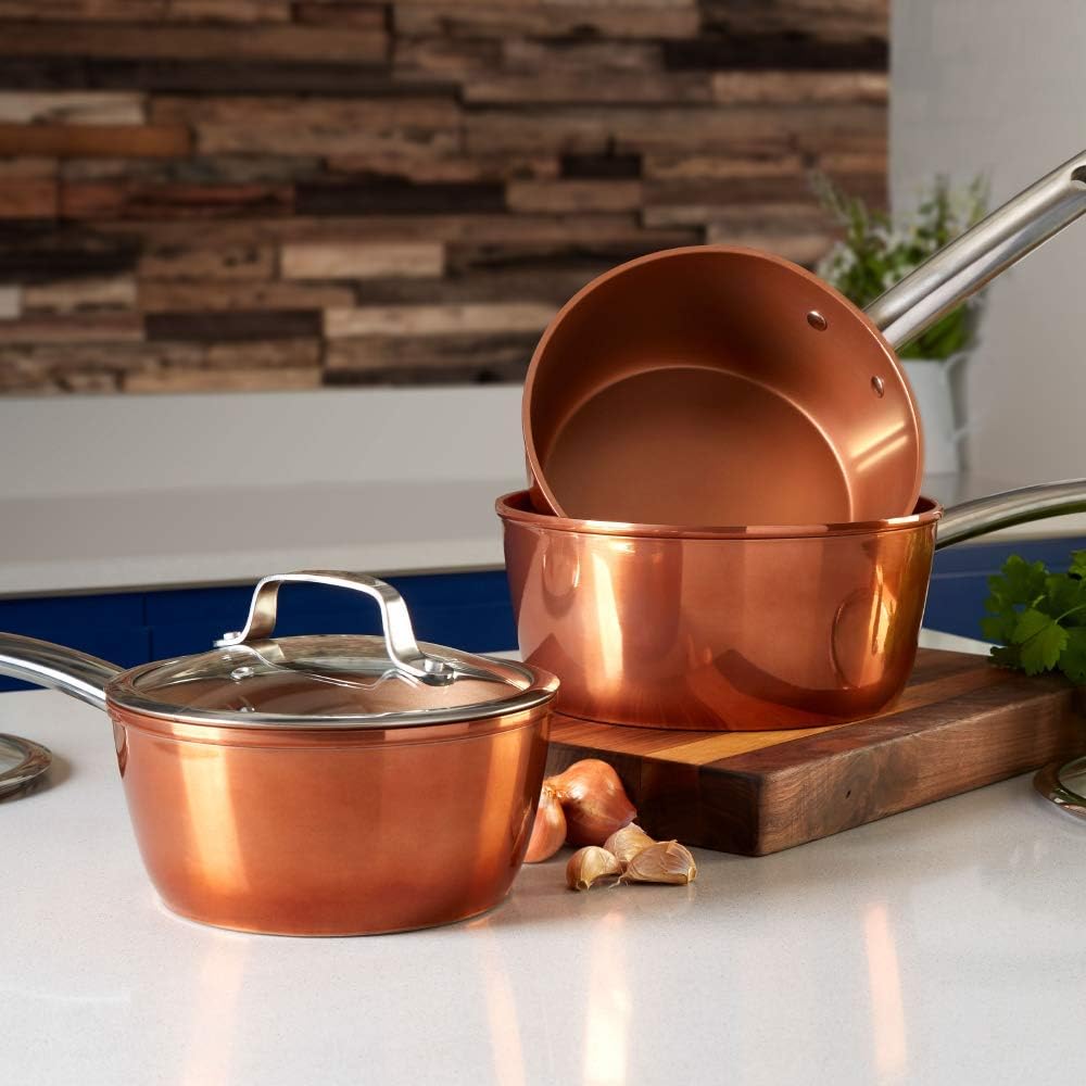 Tower T800017 Copper Forged Induction Pot Set With Glass Lid, Non Stick Ceramic Coating, Copper, 3 Piece, 18/20/22 cm-3