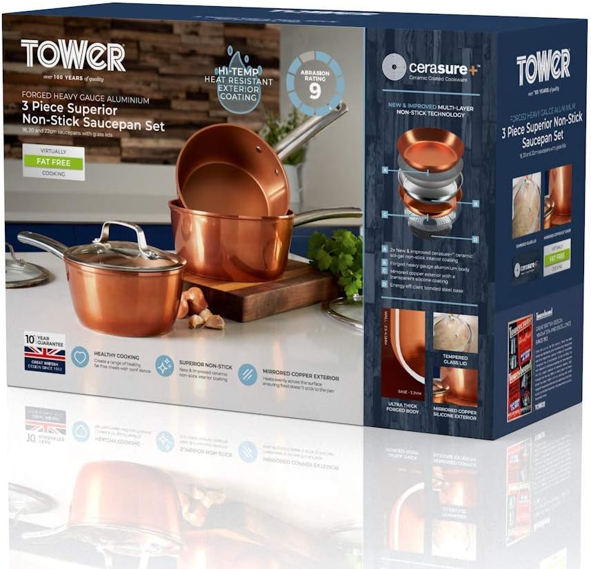 Tower T800017 Copper Forged Induction Pot Set With Glass Lid, Non Stick Ceramic Coating, Copper, 3 Piece, 18/20/22 cm-8