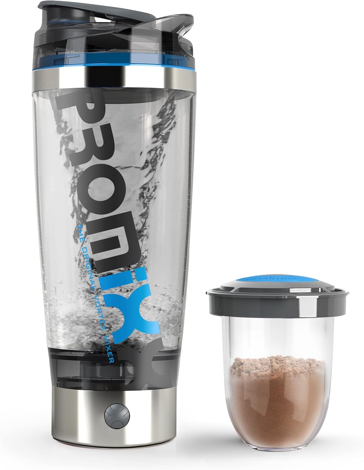 Promixx Pro Shaker Bottle (iX-R Edition) | Rechargeable, Powerful for Smooth Protein Shakes | includes Supplement Storage - BPA Free | 600ml Cup (Silver Blue/Gray)-0