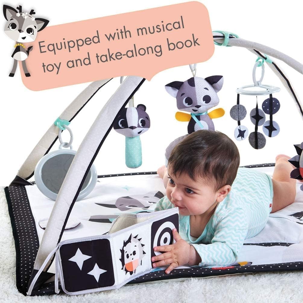 Tiny love black and white gymini, 2-in-1 musical baby play mat, 0+ months, baby play gym, 18 activities, interactive musical toy, high contrast baby book, adjustable arches, magical tales-3