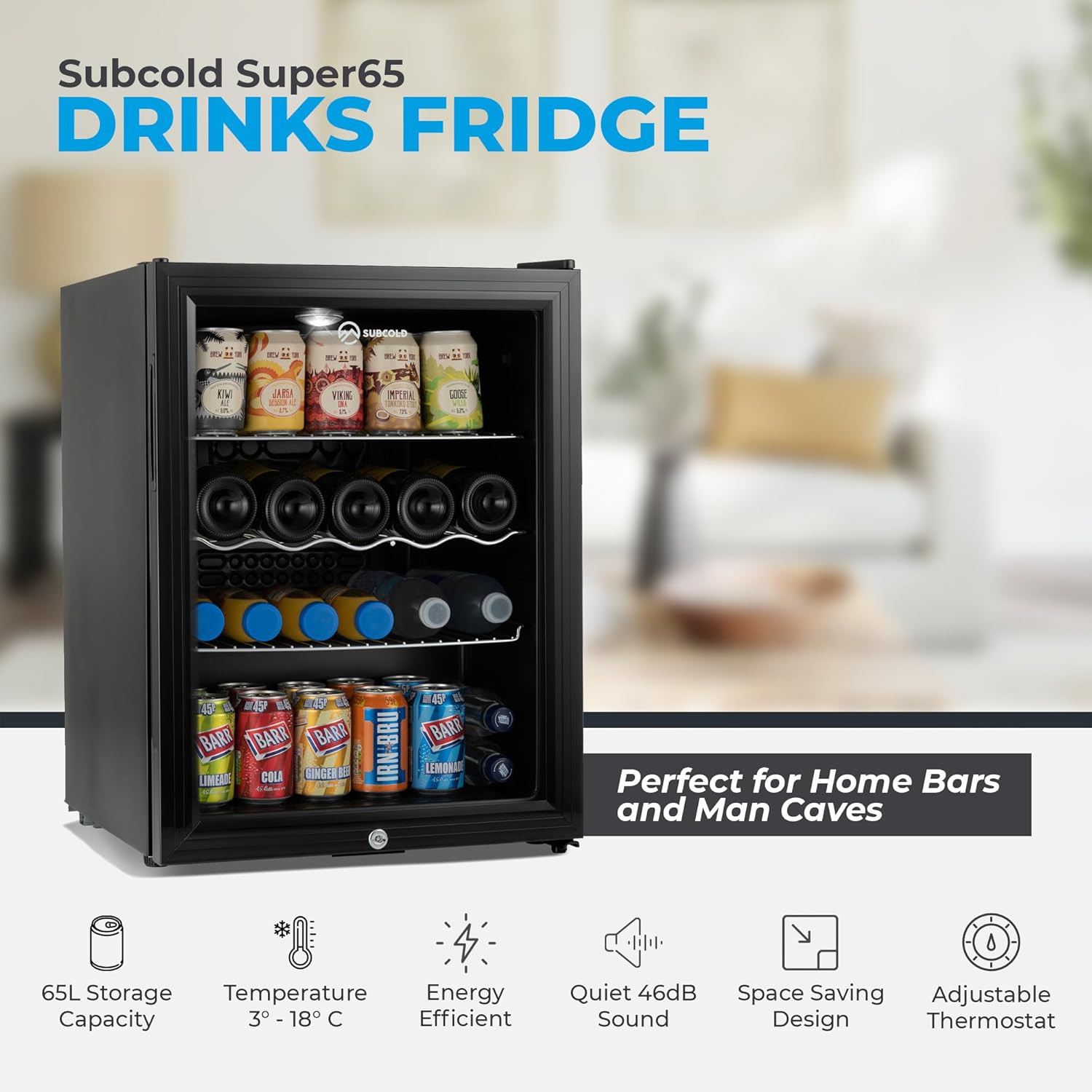 Subcold Super65 LED - Table-Top Fridge | 65L Beer, Wine & Drinks Fridge | LED Light + Lock & Key | Energy Efficient (Black)-3