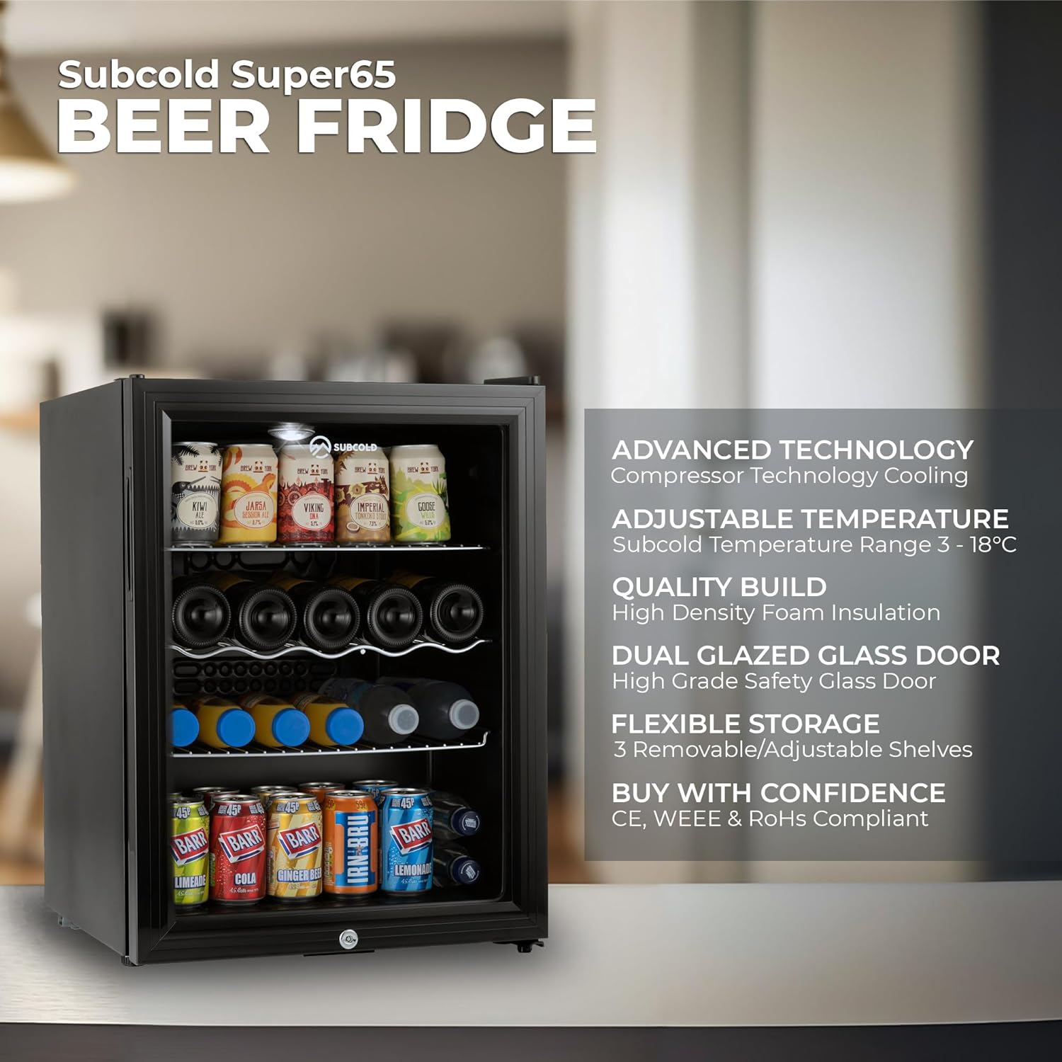 Subcold Super65 LED - Table-Top Fridge | 65L Beer, Wine & Drinks Fridge | LED Light + Lock & Key | Energy Efficient (Black)-5