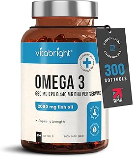 Super Strength Omega 3 Fish Oil 2000mg x5 Months, Omega 3 Fatty Acids Supplements (Stronger Than Just Cod Liver Oil Omega 3) Omega 3 DHA EPA High Strength, Omega 3 Capsules High Strength VitaBright