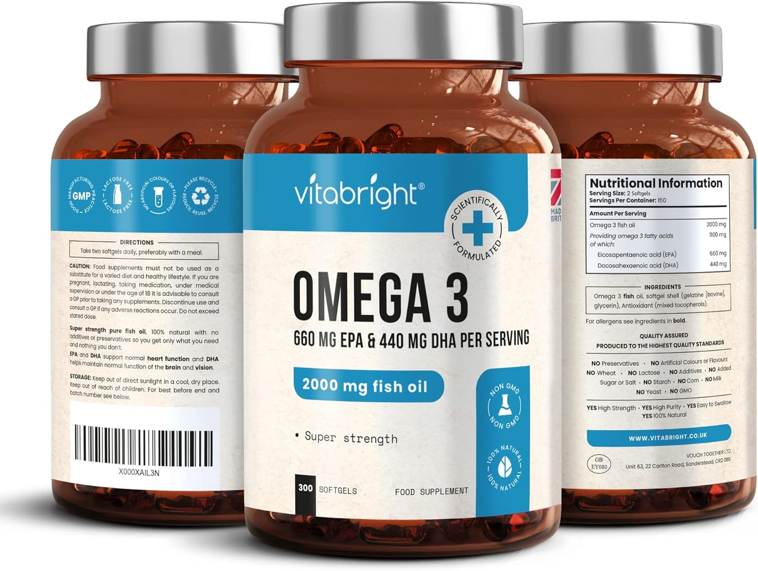 Super Strength Omega 3 Fish Oil 2000mg x5 Months, Omega 3 Fatty Acids Supplements (Stronger Than Just Cod Liver Oil Omega 3) Omega 3 DHA EPA High Strength, Omega 3 Capsules High Strength VitaBright-7