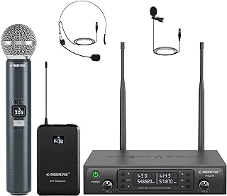 Phenyx Pro Wireless Microphone System, Dual Mic Set with Handheld/Bodypack/Lapel Mics,2x100 UHF Channels,328ft Range,for Singing,Church(PTU-71-1H1B)