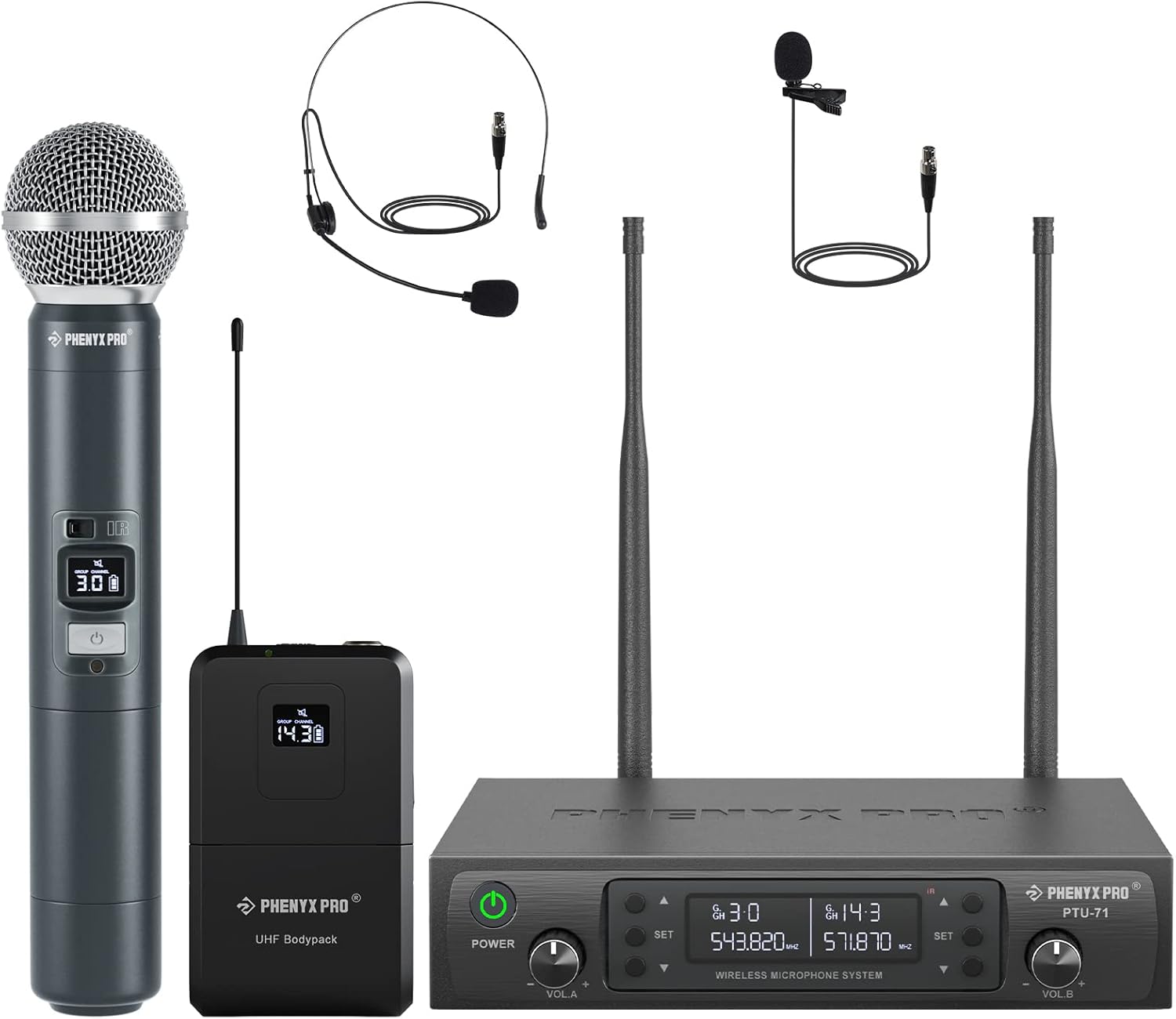 Phenyx Pro Wireless Microphone System, Dual Mic Set with Handheld/Bodypack/Lapel Mics,2x100 UHF Channels,328ft Range,for Singing,Church(PTU-71-1H1B)-0