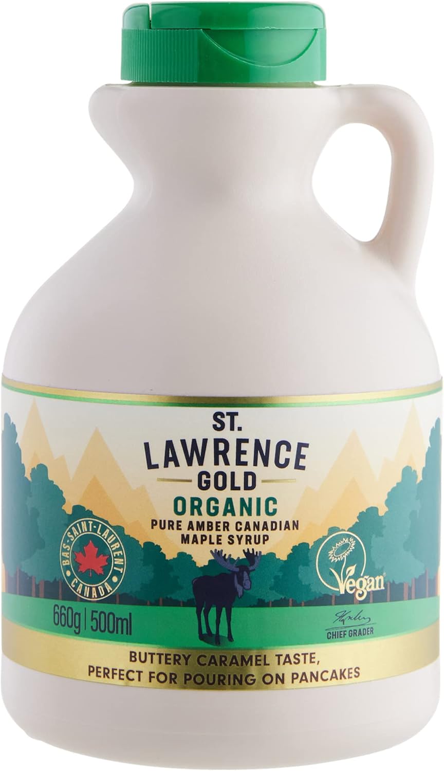 St Lawrence Gold Organic Maple Syrup 500ml - Canadian Amber Maple Syrup 660g - Sugar Syrup Alternative for Cocktails and Coffees - Ideal for Pancakes, Waffles and as a BBQ Glaze - Gluten Free, Vegan-0