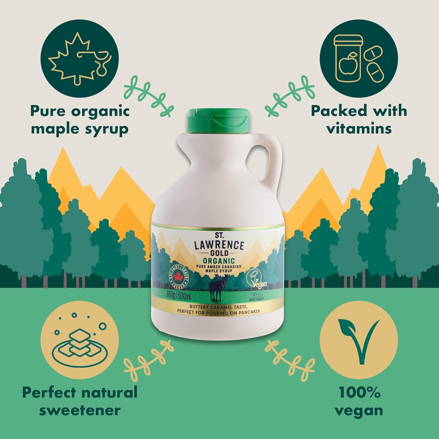 St Lawrence Gold Organic Maple Syrup 500ml - Canadian Amber Maple Syrup 660g - Sugar Syrup Alternative for Cocktails and Coffees - Ideal for Pancakes, Waffles and as a BBQ Glaze - Gluten Free, Vegan-1