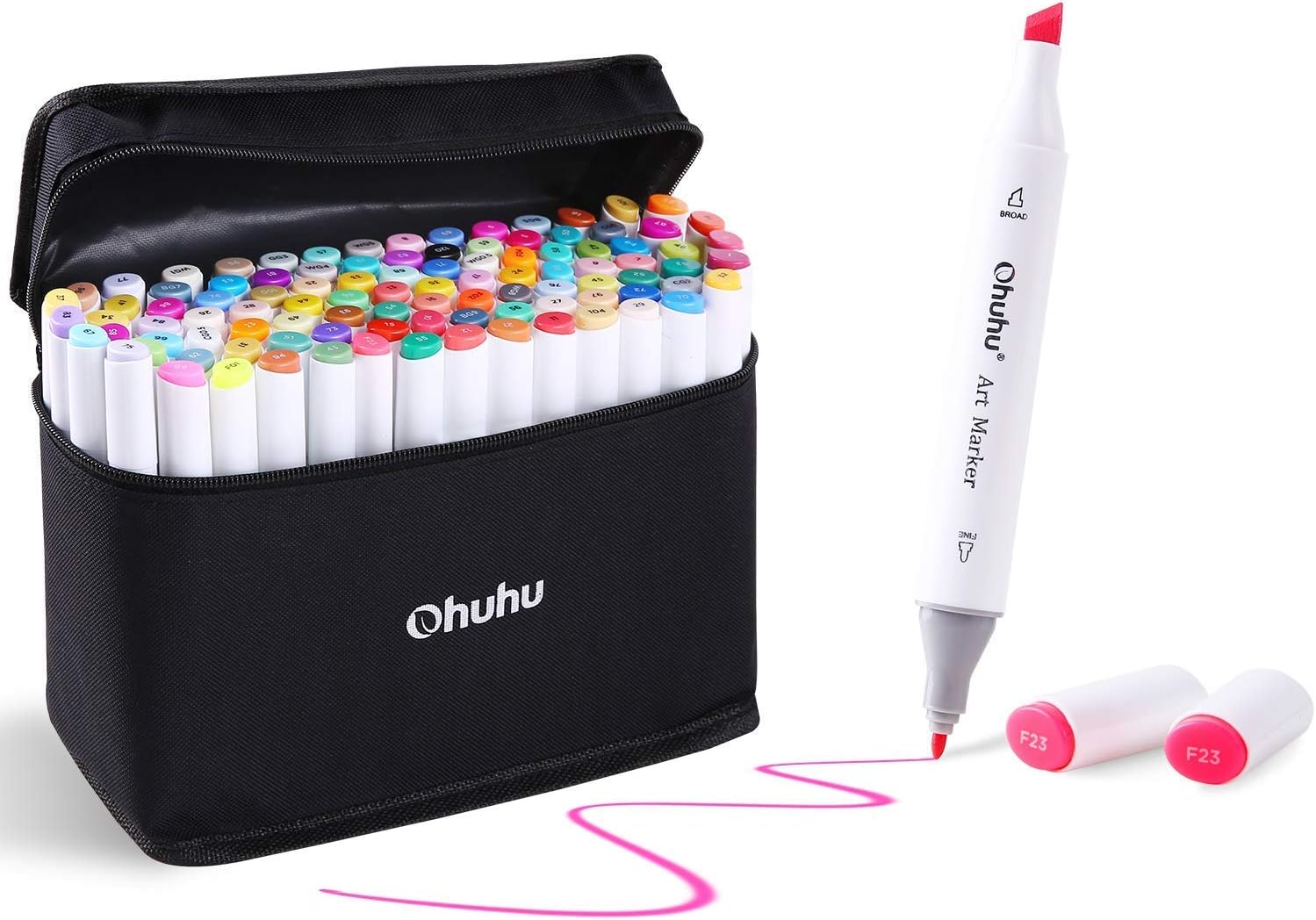 Ohuhu 100 Colours Dual Tip Marker Pens, Alcohol Animation Design with Black Bag for Adults Children Sketching Drawing Painting-0