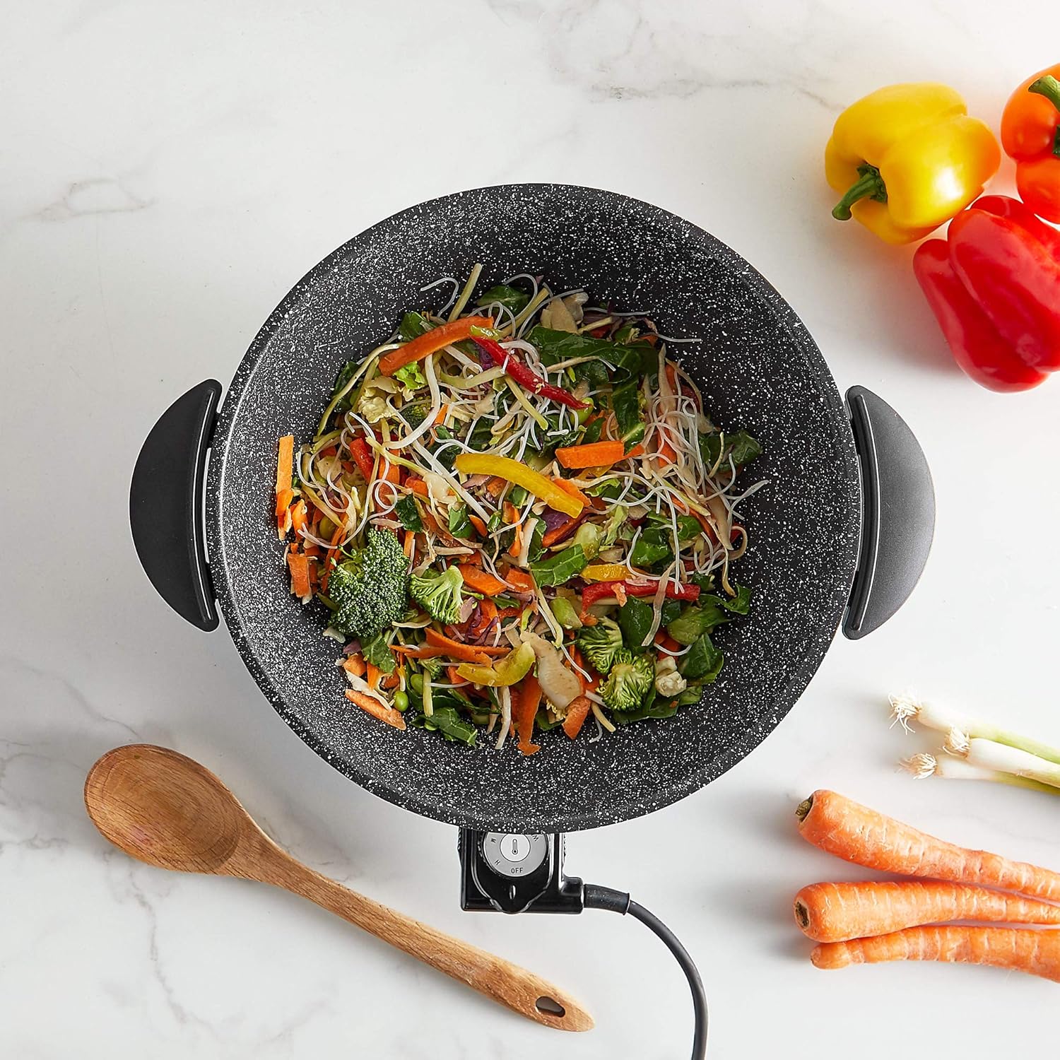 VonShef Electric Wok Non-Stick – 5L Electric Frying Pan with Lid, Multicooker Skillet, 4 Adjustable Temperature Controls up to 230°C, Cool Touch Handles & Detachable Power Cord – 1400W-1