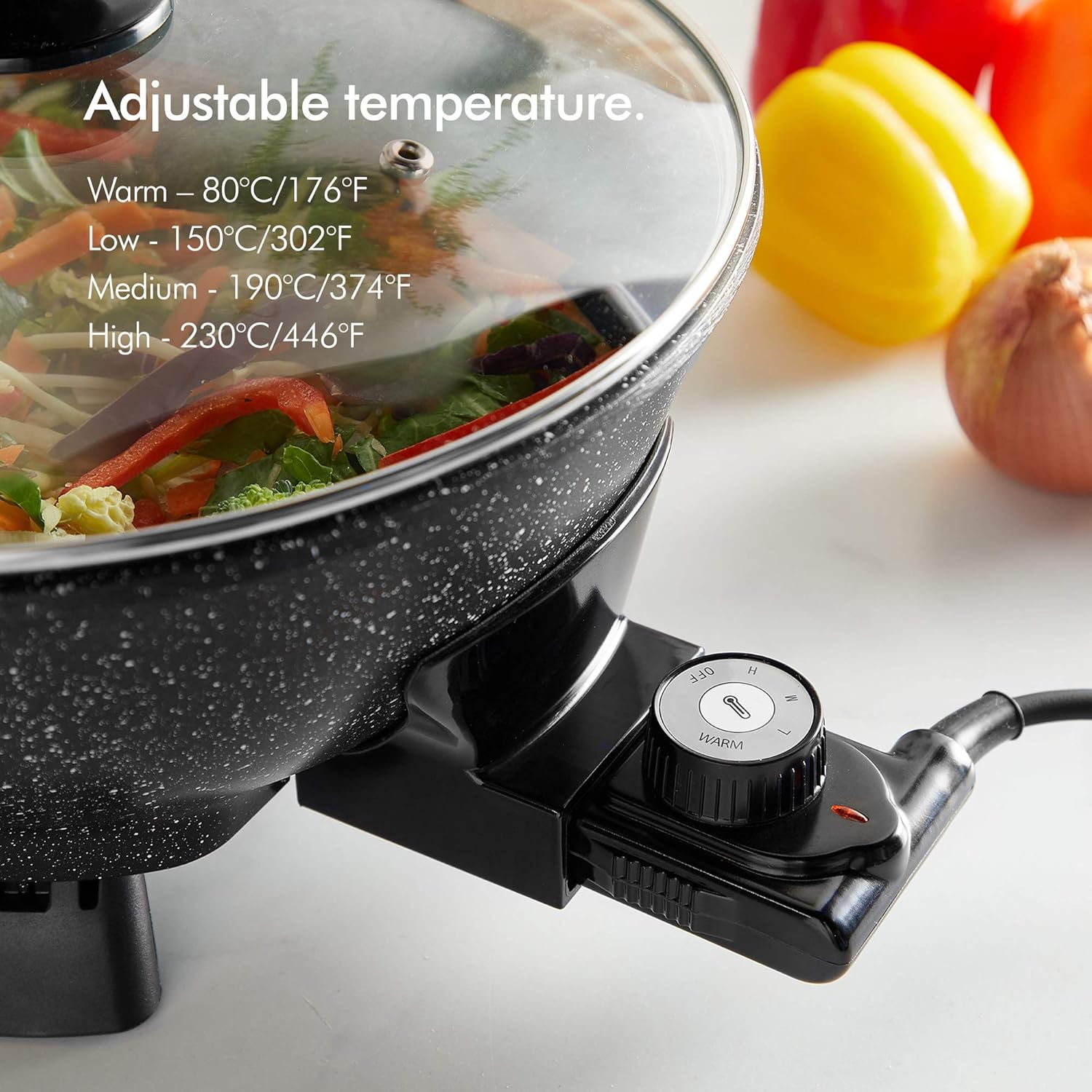 VonShef Electric Wok Non-Stick – 5L Electric Frying Pan with Lid, Multicooker Skillet, 4 Adjustable Temperature Controls up to 230°C, Cool Touch Handles & Detachable Power Cord – 1400W-3