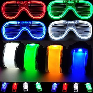 Rock Rave LED Light Up Toy Set Bulk Glow in the Dark Party Pack Favors Supplies Accessories LED Flashing Finger Rings Glasses Slap Band Carnival Halloween Xmas Christams Birthday Kids Adults(16PCS)