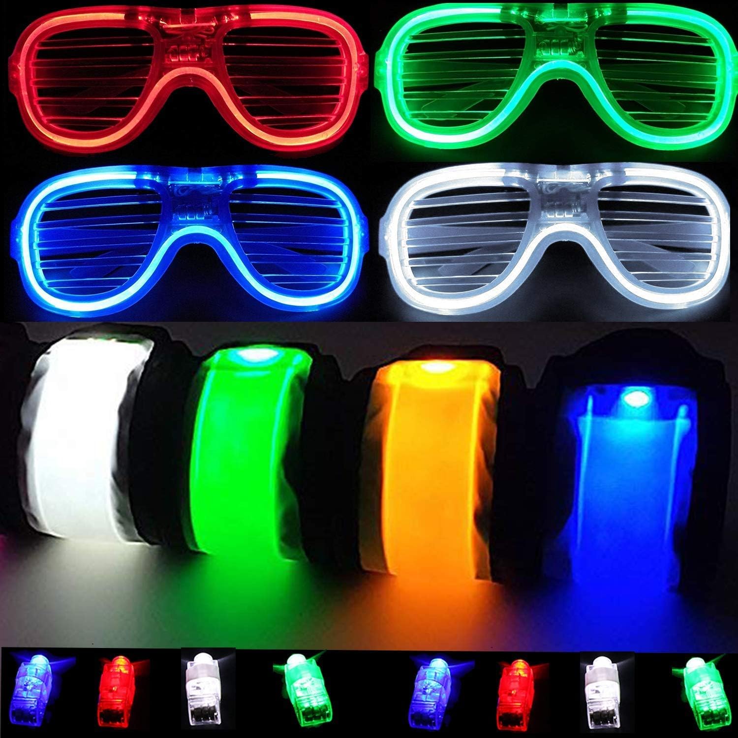 Rock Rave LED Light Up Toy Set Bulk Glow in the Dark Party Pack Favors Supplies Accessories LED Flashing Finger Rings Glasses Slap Band Carnival Halloween Xmas Christams Birthday Kids Adults(16PCS)-0