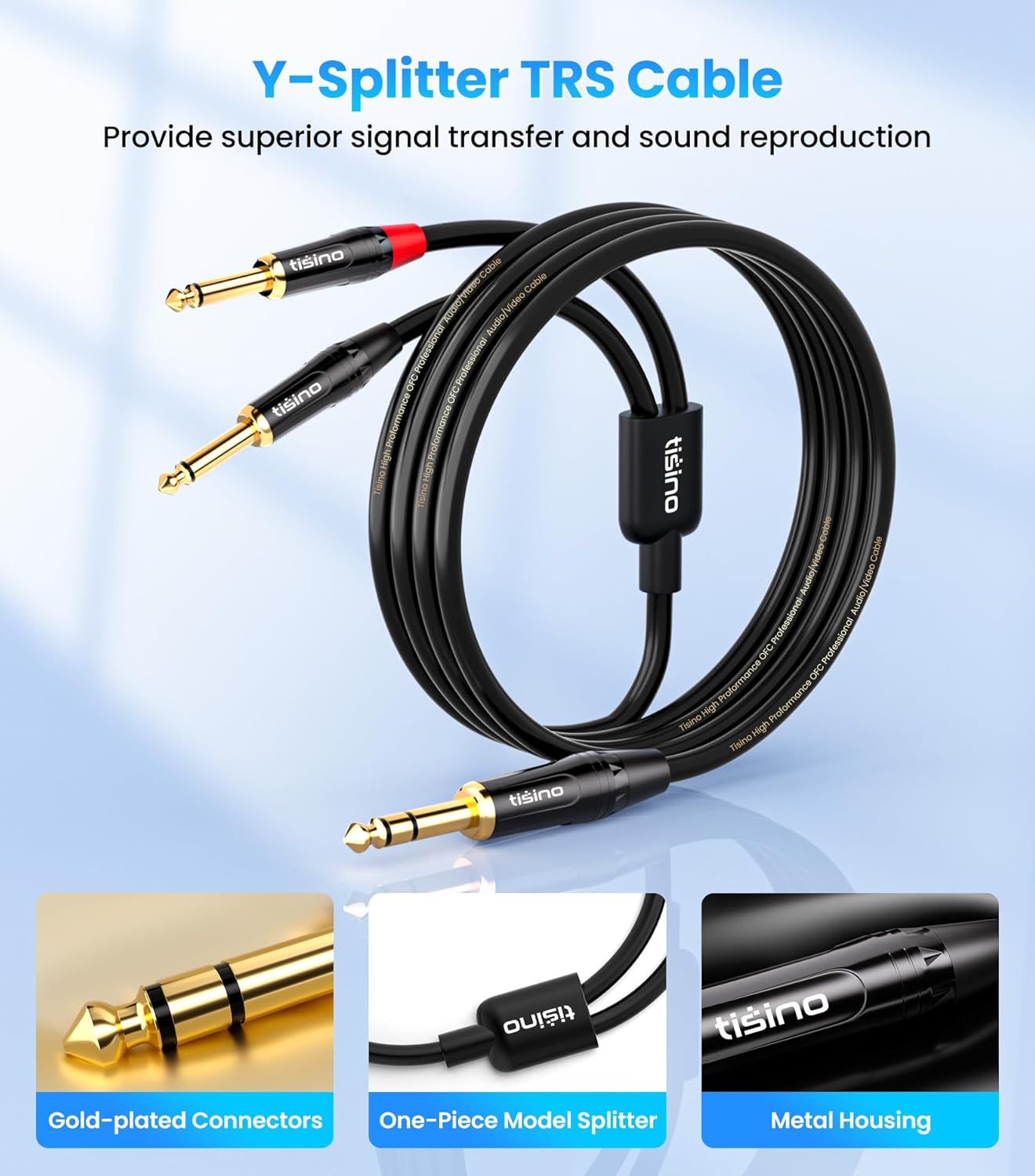 Tisino 6.35mm TRS Stereo Jack to Dual 6.35mm TS Mono Plug Y-Splitter Insert Cable Lead Stereo Jack Cables - 1m-2