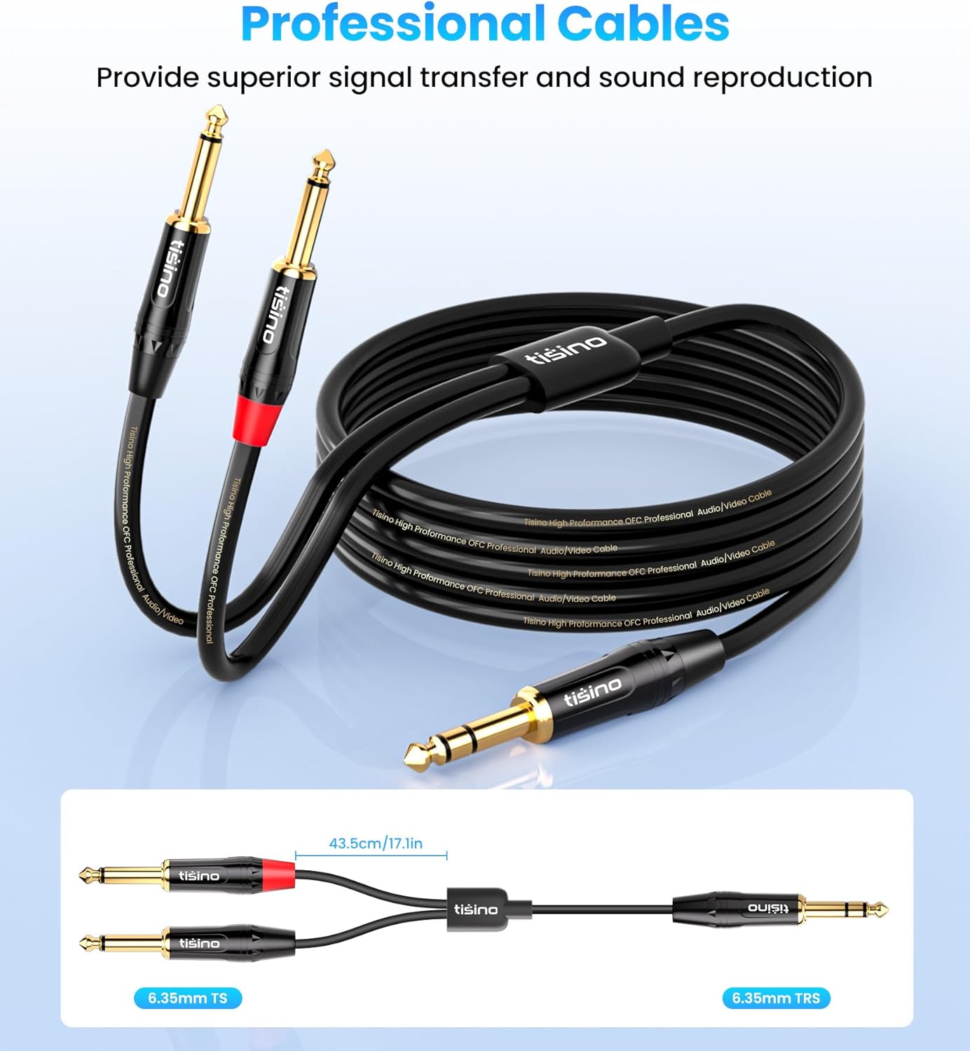 Tisino 6.35mm TRS Stereo Jack to Dual 6.35mm TS Mono Plug Y-Splitter Insert Cable Lead Stereo Jack Cables - 1m-3