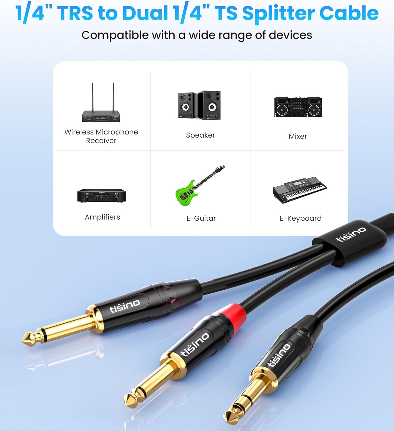 Tisino 6.35mm TRS Stereo Jack to Dual 6.35mm TS Mono Plug Y-Splitter Insert Cable Lead Stereo Jack Cables - 1m-4