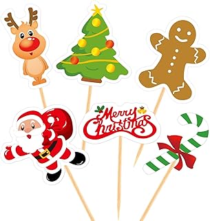 FEPITO 60 Pieces Christmas Cupcake Toppers Picks Merry Christmas Toothpick Flags for Christmas Cake Decorations Christmas Party Holiday Supplies