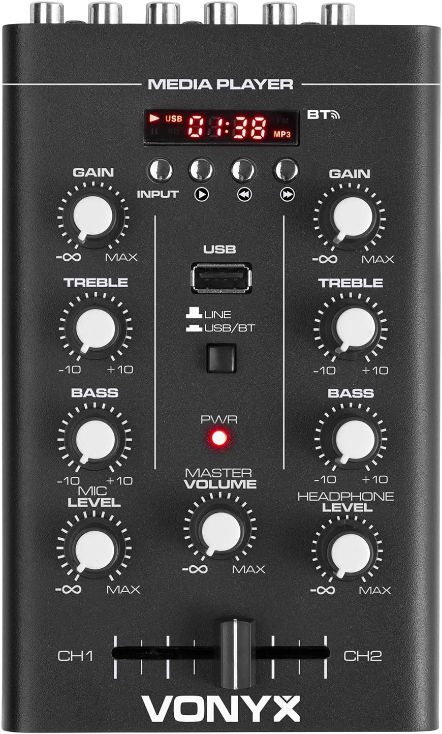 VONYX STM500BT 2-Channel DJ Mixer - Premium Audio Mixer with Bluetooth, USB, MP3 Support - Versatile Music Mixer for DJs, DJ Mixers, DJ Mixing Desk, DJ Music Mixer, 2 Channel Mixer-1