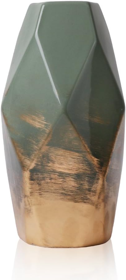 TERESA'S COLLECTIONS Diamond-shaped Vase for Flowers, Modern Green Gold Ceramic Vase for Gifts, Pottery Geometric Vases for Living Room, Home Decor, Mantlepiece, Table, 20cm Tall-0