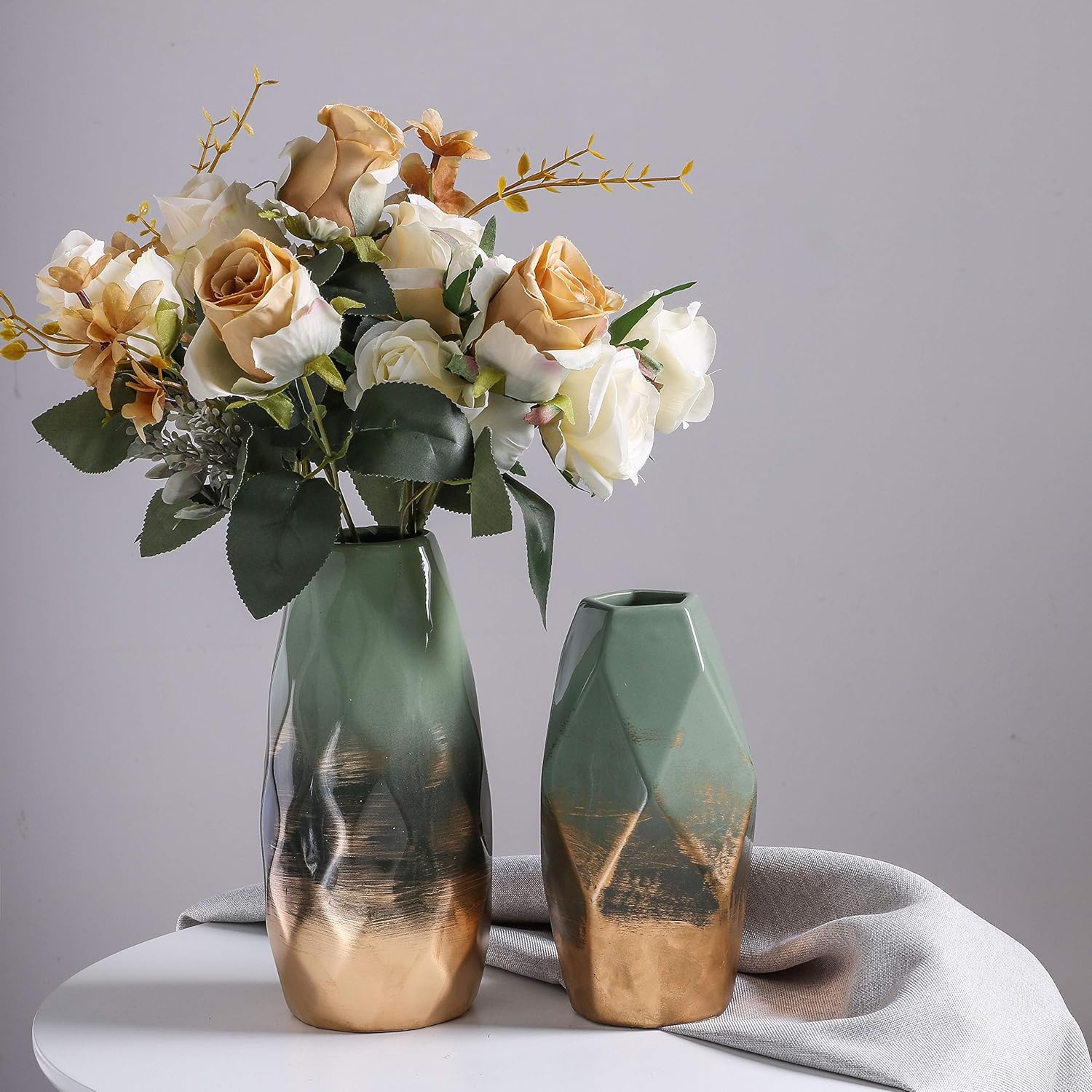 TERESA'S COLLECTIONS Diamond-shaped Vase for Flowers, Modern Green Gold Ceramic Vase for Gifts, Pottery Geometric Vases for Living Room, Home Decor, Mantlepiece, Table, 20cm Tall-1