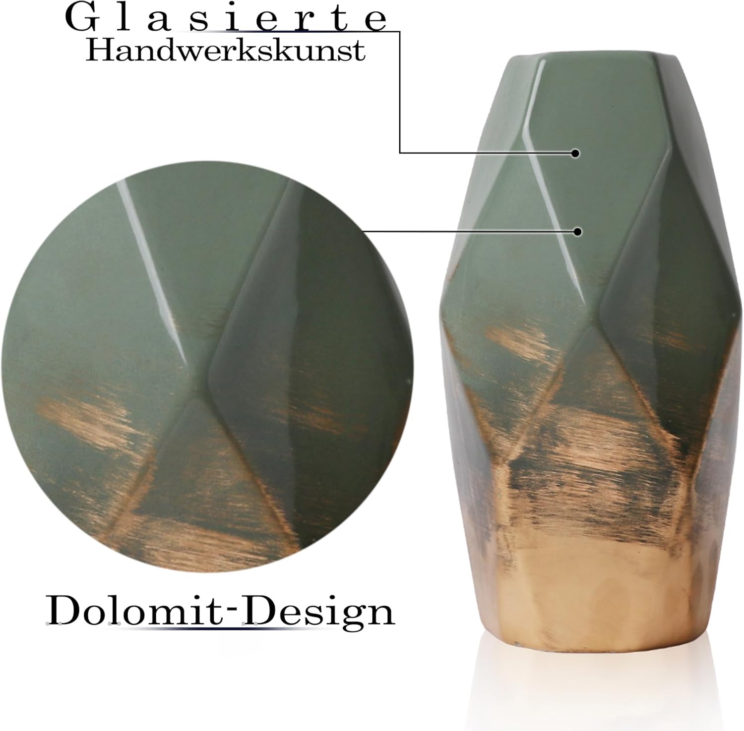 TERESA'S COLLECTIONS Diamond-shaped Vase for Flowers, Modern Green Gold Ceramic Vase for Gifts, Pottery Geometric Vases for Living Room, Home Decor, Mantlepiece, Table, 20cm Tall-5