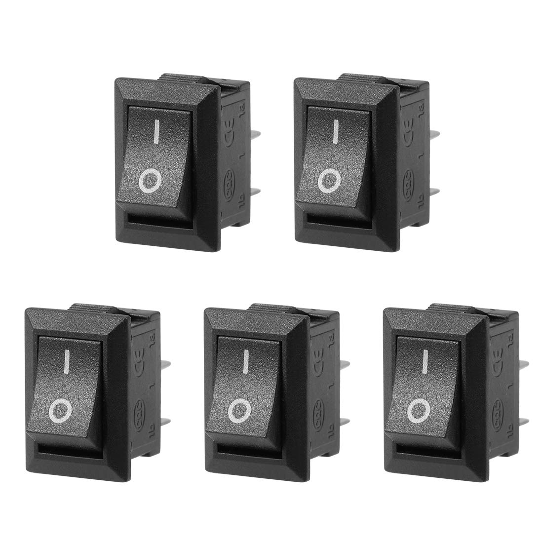 sourcing map 5PCS KCD11 AC 125V/6A 250V/3A SPST 2 Terminal 2 Position On/Off Boat Rocker Switch Black-0