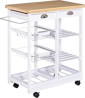 HOMCOM Rolling Kitchen Island Trolley Cart Drawer Shelves Basket Wheels W/ 6 Bottle Wine Rack White