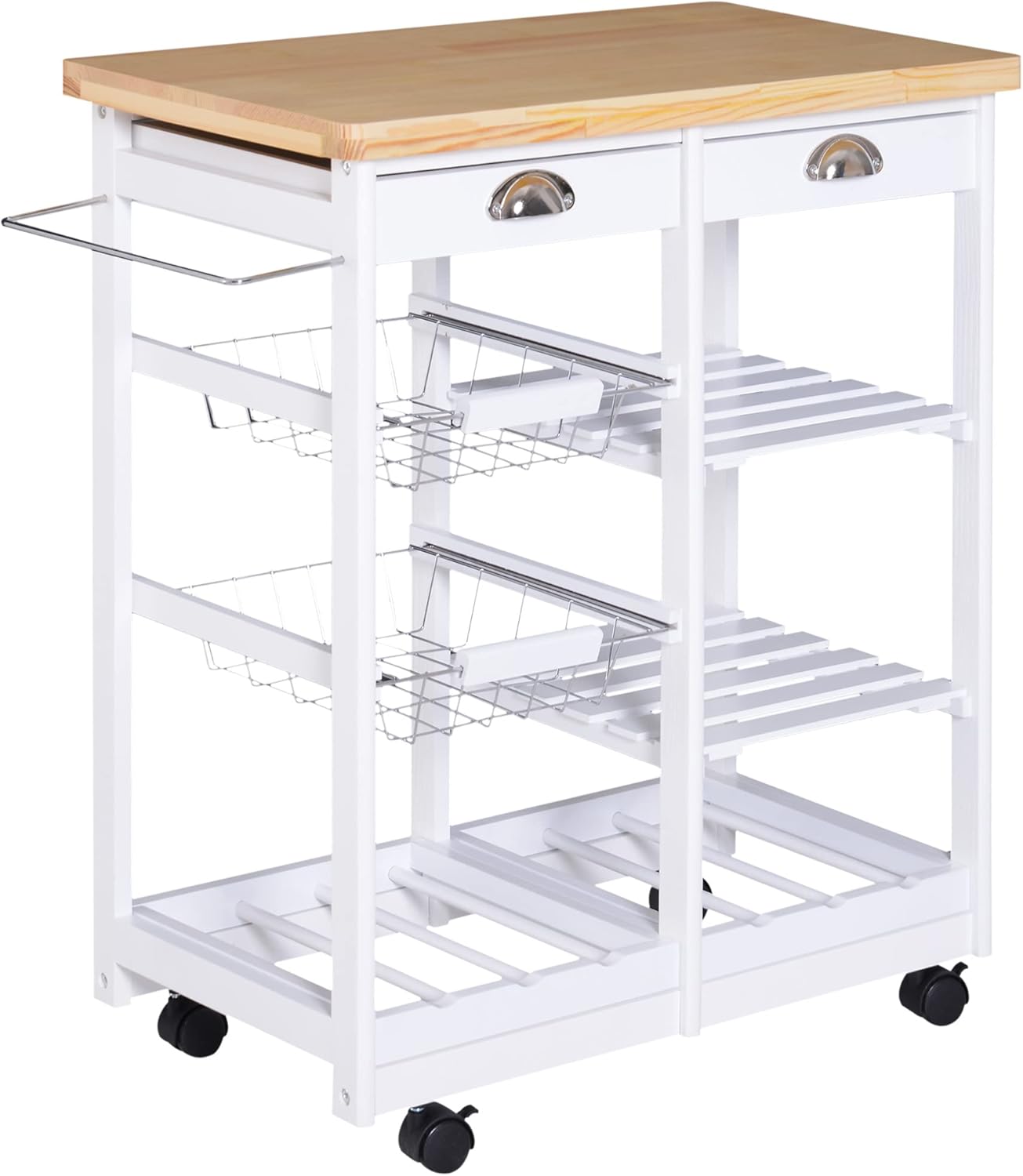 HOMCOM Rolling Kitchen Island Trolley Cart Drawer Shelves Basket Wheels W/ 6 Bottle Wine Rack White-0