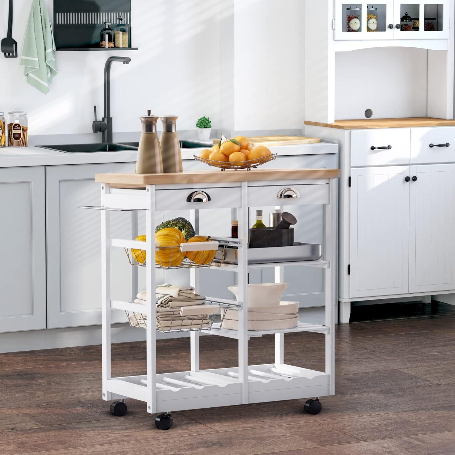 HOMCOM Rolling Kitchen Island Trolley Cart Drawer Shelves Basket Wheels W/ 6 Bottle Wine Rack White-2