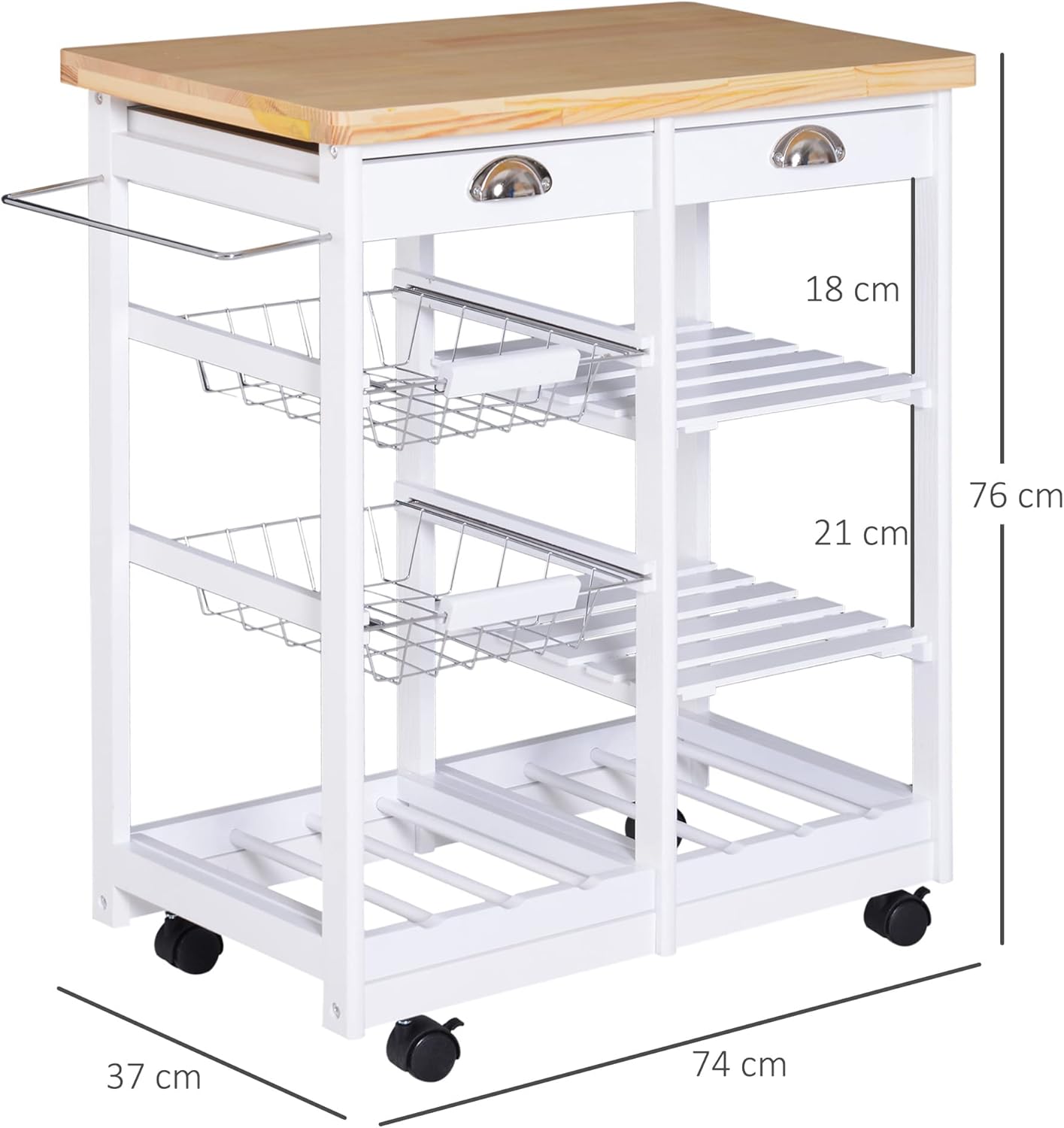 HOMCOM Rolling Kitchen Island Trolley Cart Drawer Shelves Basket Wheels W/ 6 Bottle Wine Rack White-4