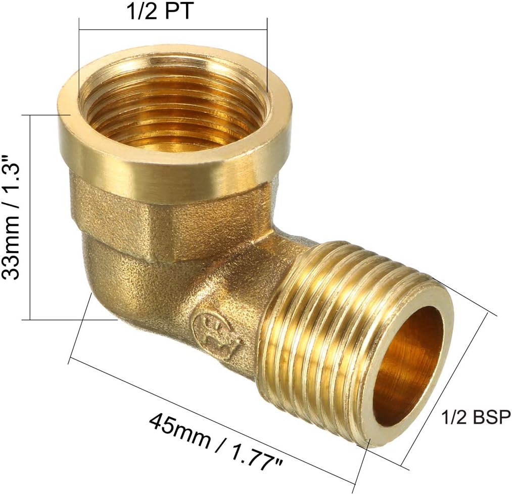 sourcing map Brass Elbow Pipe Fitting 90 Degree 1/2 BSP Male X 1/2 PT Female Coupler-1