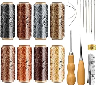 FEPITO 21pcs Leather Waxed Thread 8 Color 264 Yards 150D Leather Sewing Waxed Thread Cord with Leather Craft Hand Tools Kit for DIY Sewing Craft