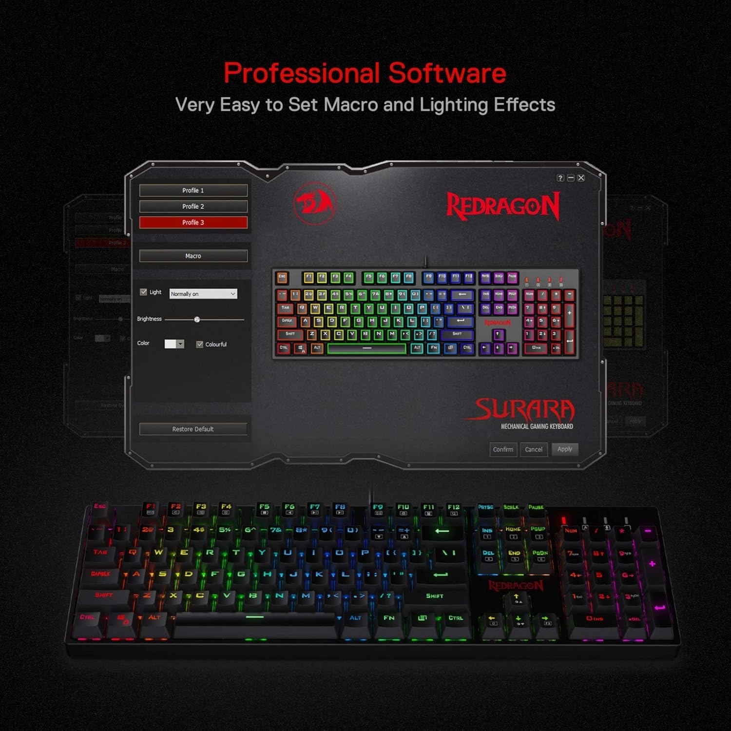 Redragon K582 SURARA Mechanical Gaming Keyboard with 104 Keys Anti-Ghosting, Programmable Wired Keyboard, Multicolour RGB Backlighting, Linear and Quiet Red Switch, Plug & Play, US Layout-3