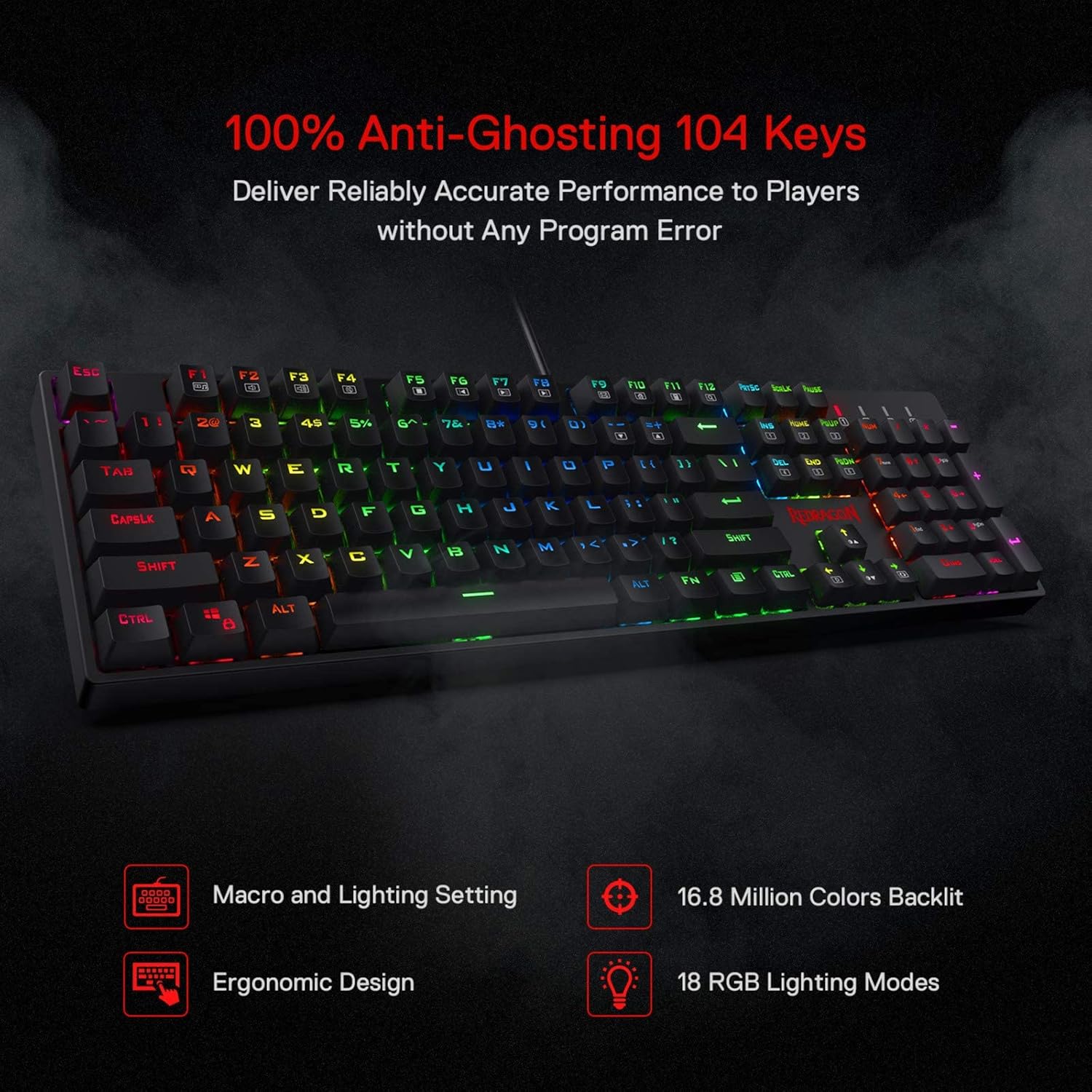 Redragon K582 SURARA Mechanical Gaming Keyboard with 104 Keys Anti-Ghosting, Programmable Wired Keyboard, Multicolour RGB Backlighting, Linear and Quiet Red Switch, Plug & Play, US Layout-6