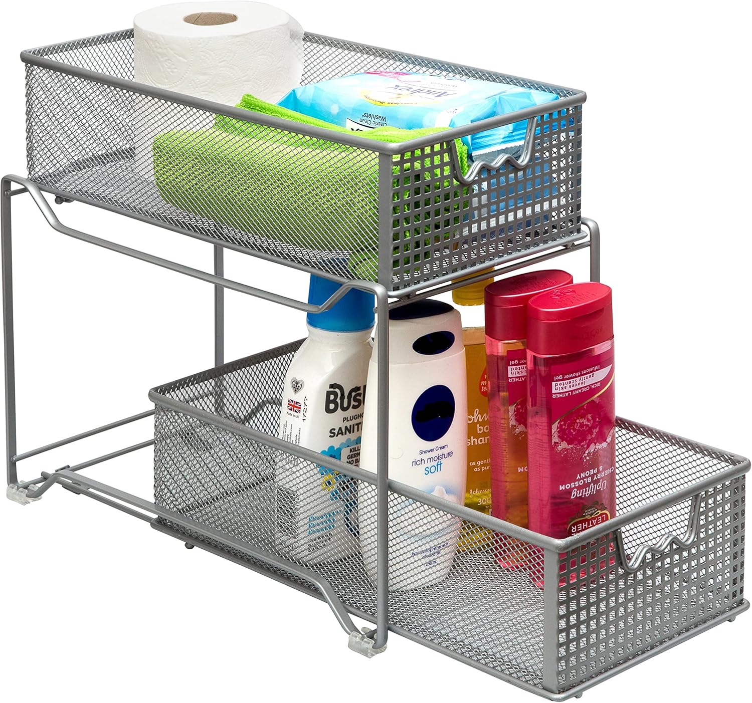 Amtido 2-Tier Sliding Basket Cupboard Organiser – Kitchen, Bathroom Cabinet Organizer – Pull Out Drawers Under Sink Storage - Metal, Silver-1