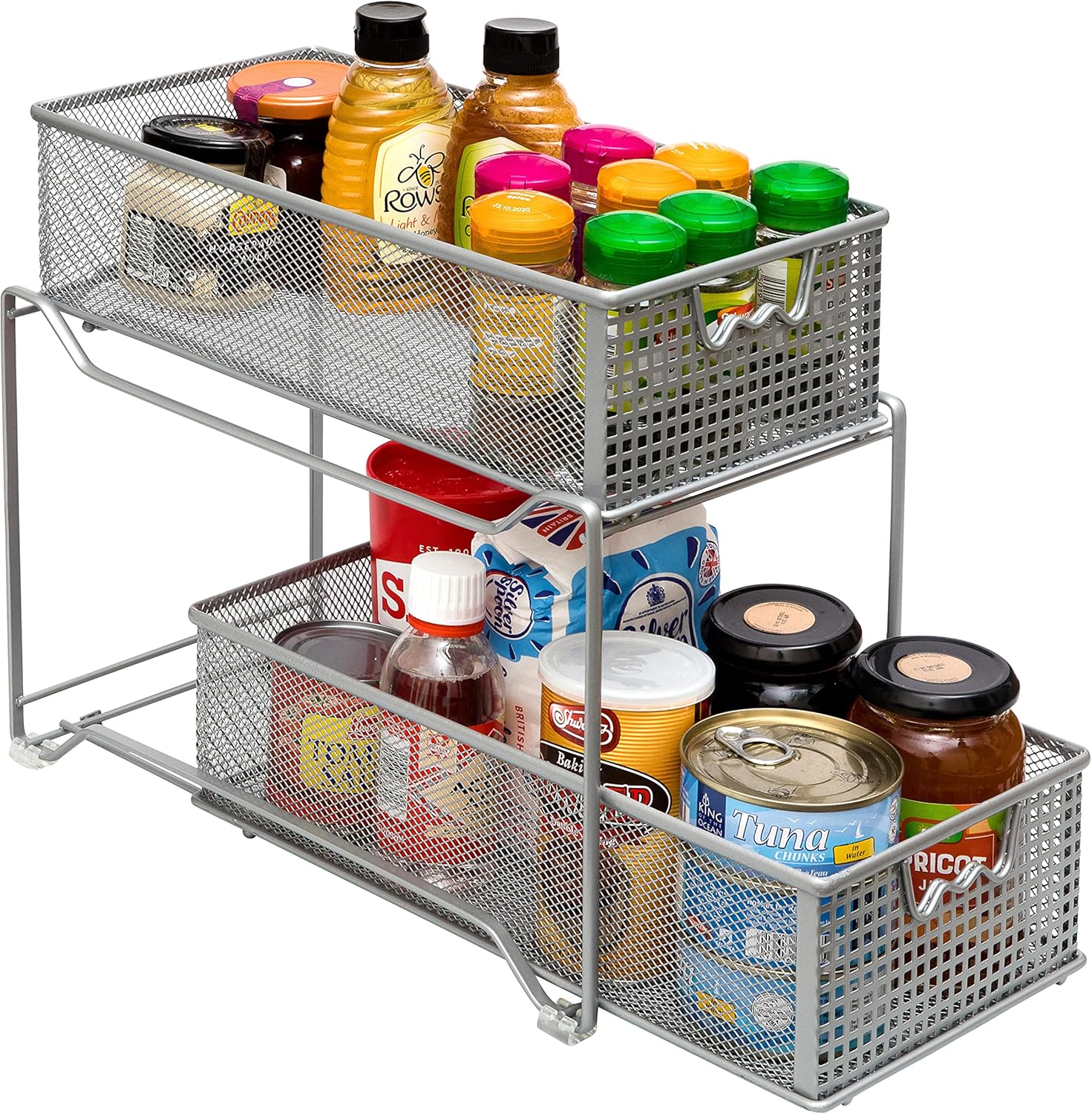 Amtido 2-Tier Sliding Basket Cupboard Organiser – Kitchen, Bathroom Cabinet Organizer – Pull Out Drawers Under Sink Storage - Metal, Silver-2