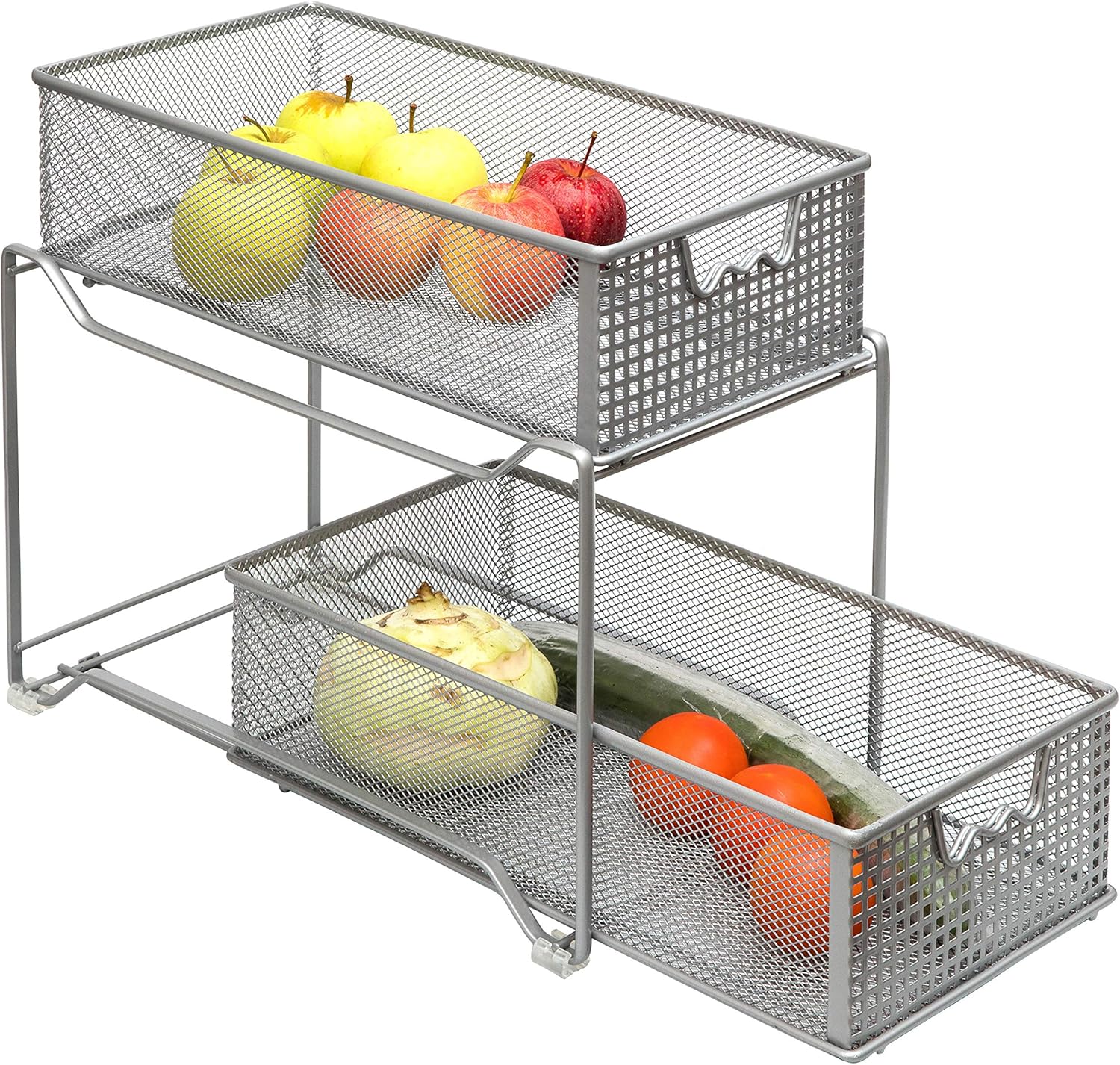 Amtido 2-Tier Sliding Basket Cupboard Organiser – Kitchen, Bathroom Cabinet Organizer – Pull Out Drawers Under Sink Storage - Metal, Silver-3