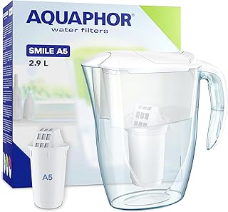 AQUAPHOR Smile Water Filter Jug - 2.9L, Fits Fridge Doors, Lightweight, Space-saving, Includes 1 x A5 350L Filter, Reduces Limescale, Chlorine, Microplastics - White