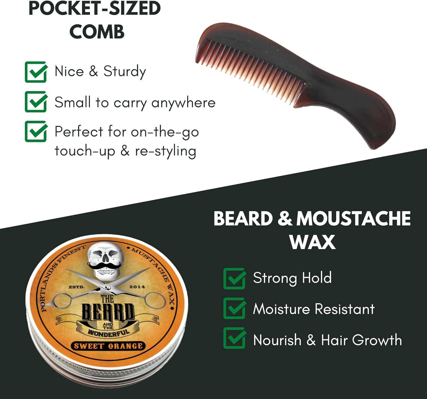 Moustache and Beard Wax 15ml - Pocket Sized Comb - Promotes Facial Hair Growth – Ideal Beard Styling for Men with Natural Ingredients, Strong Hold, & Sweet Orange Scent Wax-0