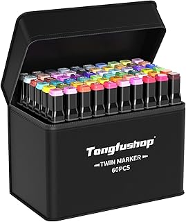 Tongfushop 60 Colored Marker Set, Colouring Pens, Markers, Art pens for Drawing, Sketching, Anime and Manga Colouring Books Adults, Double Tip Markers with Black Bag and Storage Base