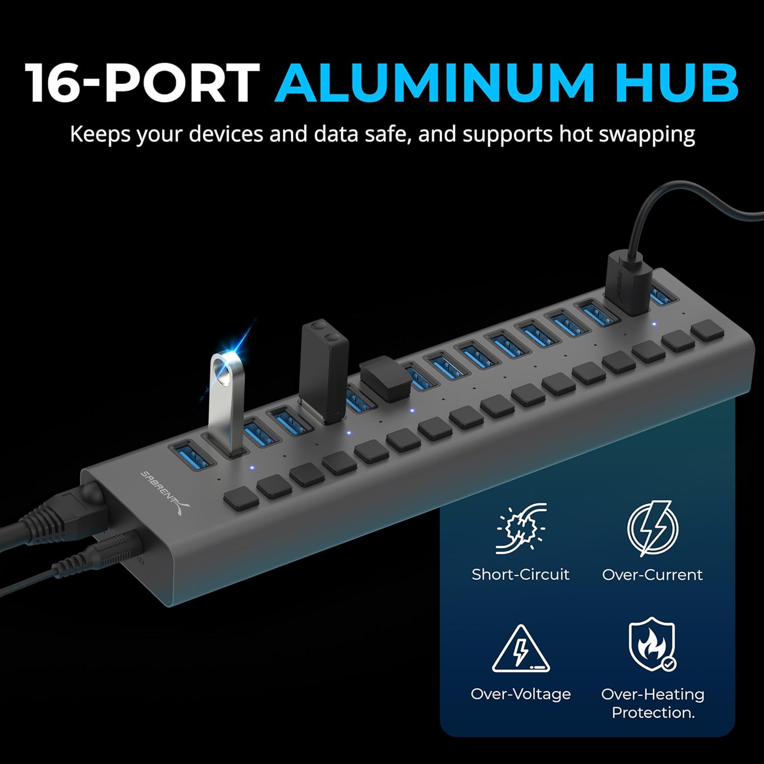 SABRENT Powered USB Hub, 16 Port 90W USB 3.2x1 Docking Station, Multi Device Powered Fast Data Hub, LEDs On/Off Switch, Mount Bracket Included (HB-PU16)-1