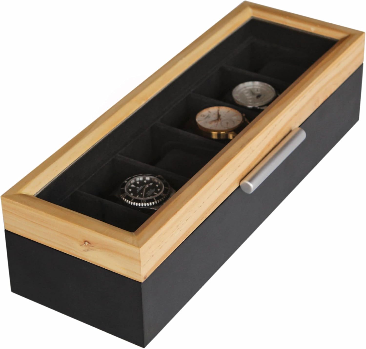 CASE ELEGANCE Two-Toned Pine and Black Base with Modern Aluminum Handle 6-Slot Watch Box with Real Glass-0