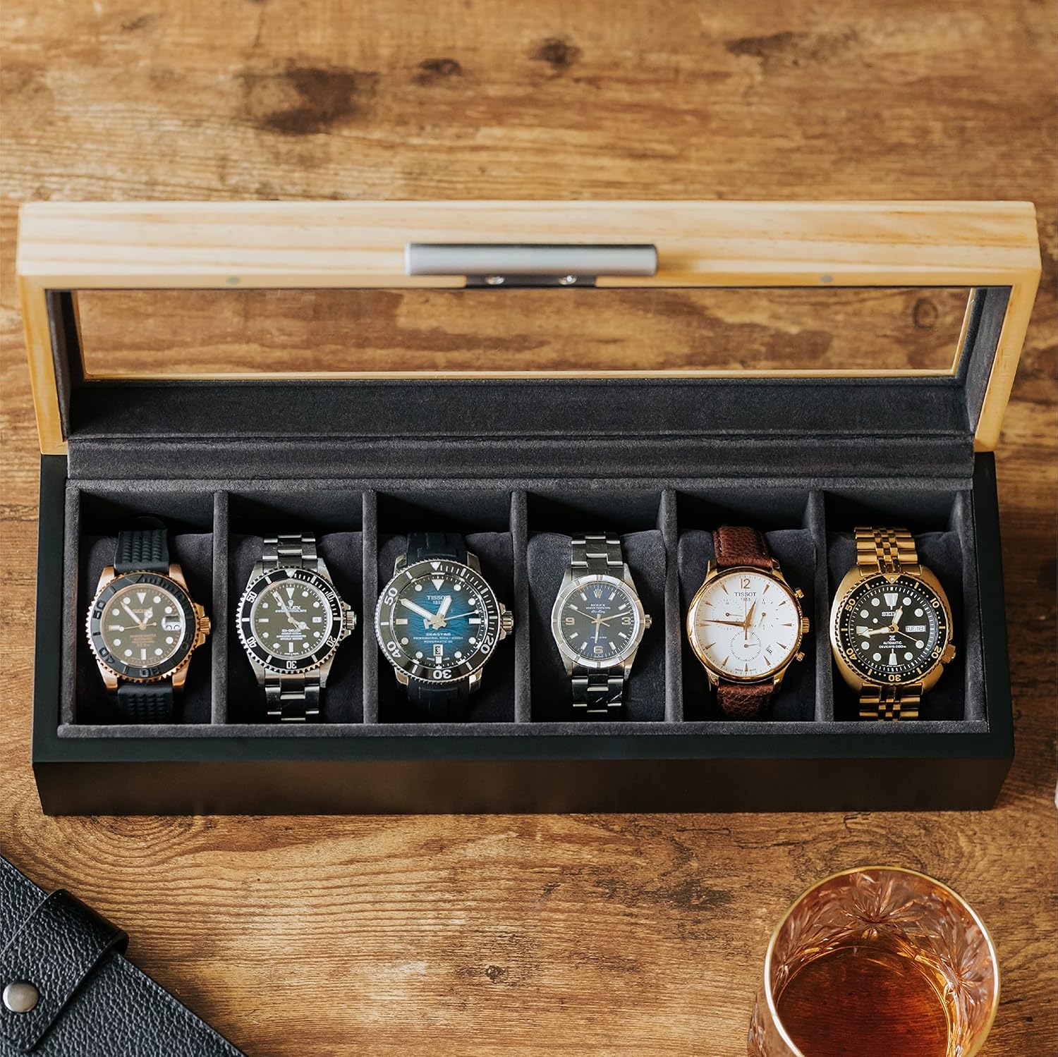 CASE ELEGANCE Two-Toned Pine and Black Base with Modern Aluminum Handle 6-Slot Watch Box with Real Glass-2