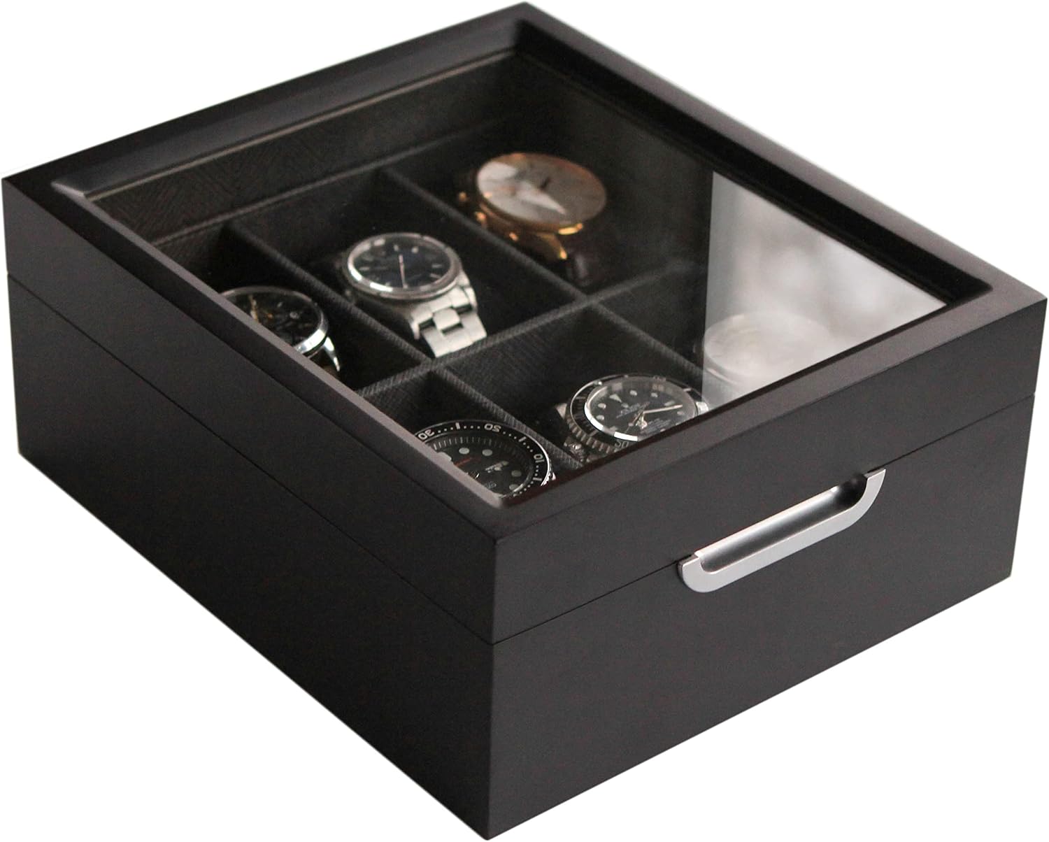 CASE ELEGANCE Watch Box Modern 2x3 Black Finish with Custom Aluminum Handle 6-Slot with Real Glass-0