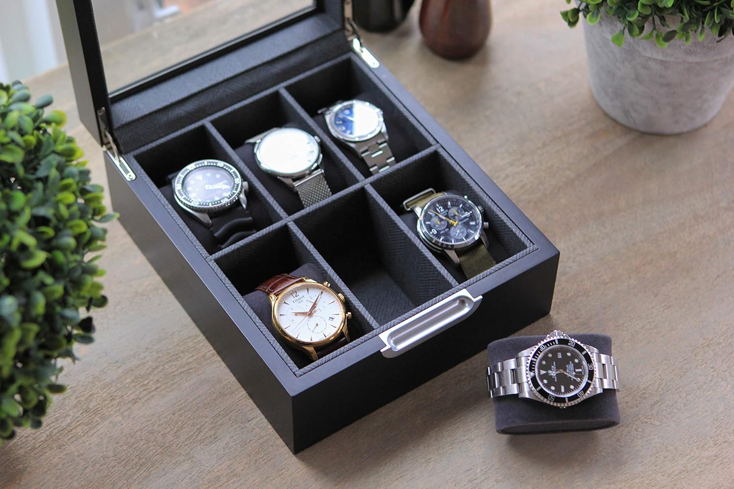 CASE ELEGANCE Watch Box Modern 2x3 Black Finish with Custom Aluminum Handle 6-Slot with Real Glass-6