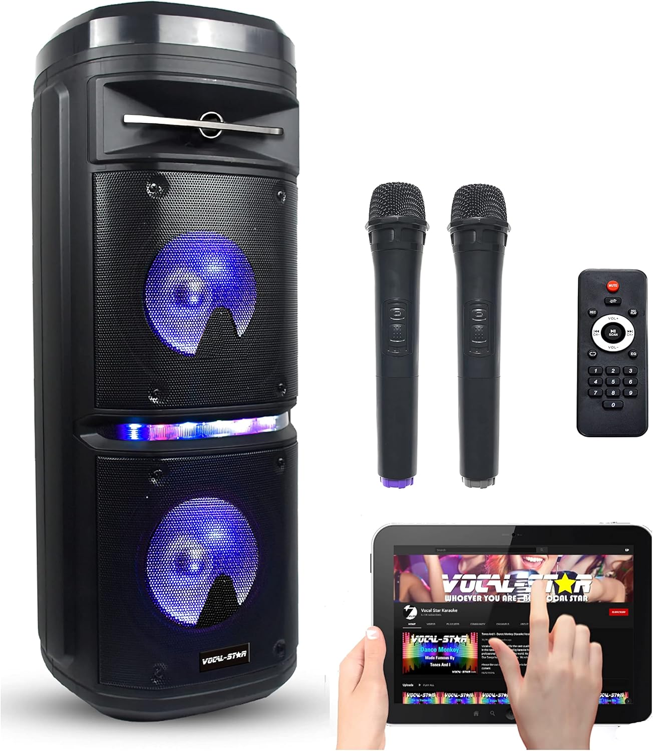 Vocal-Star Portable Karaoke Machine Speaker 200w With Bluetooth MP3 2 Wireless Microphones, Bass & Treble Controls (P180)-0