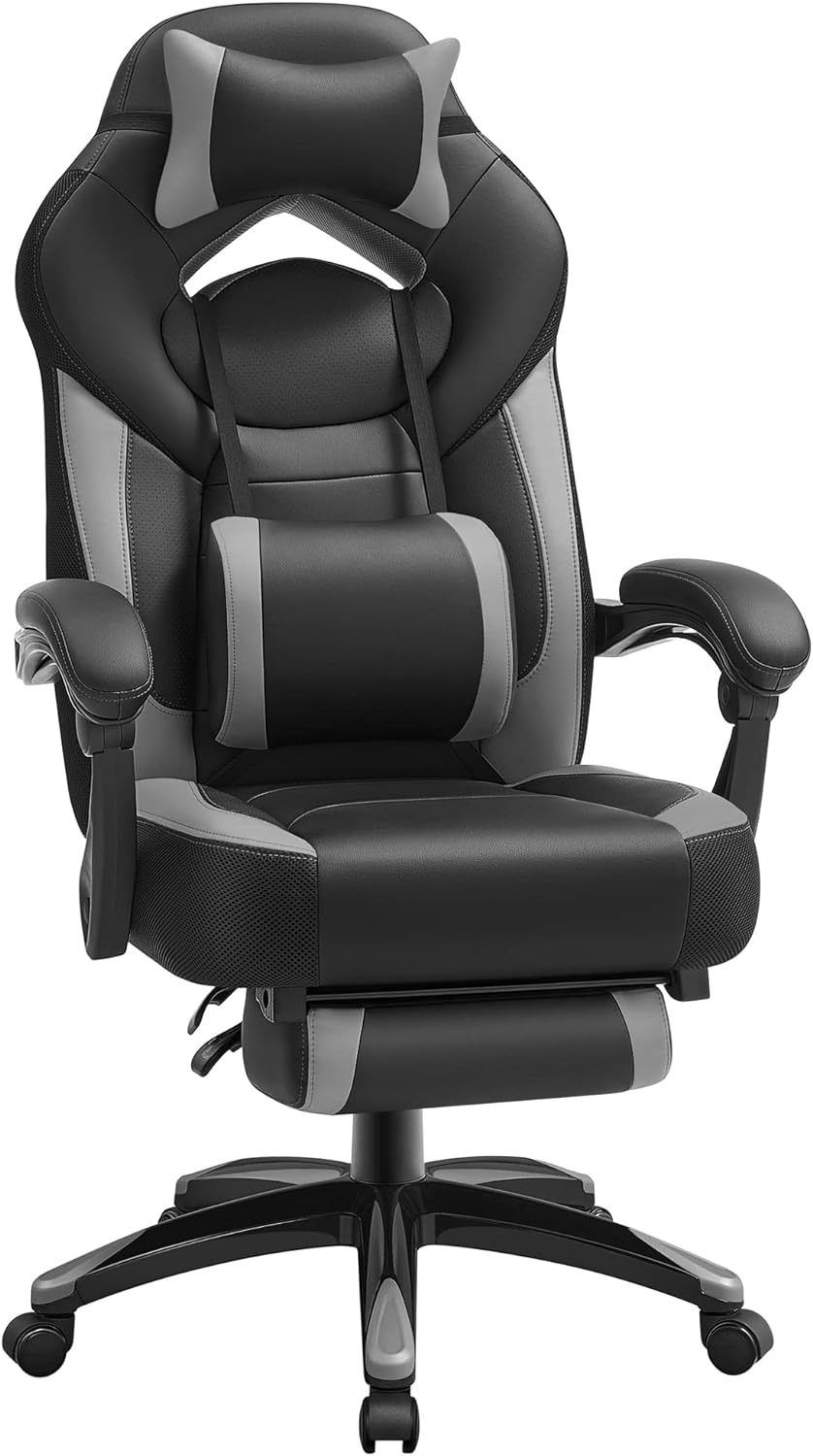 SONGMICS Gaming Chair, Office Racing Chair with Footrest, Desk Chair, Ergonomic Design, Adjustable Headrest, Lumbar Support, 150 kg Load Capacity, Black and Grey OBG77BGUK-0