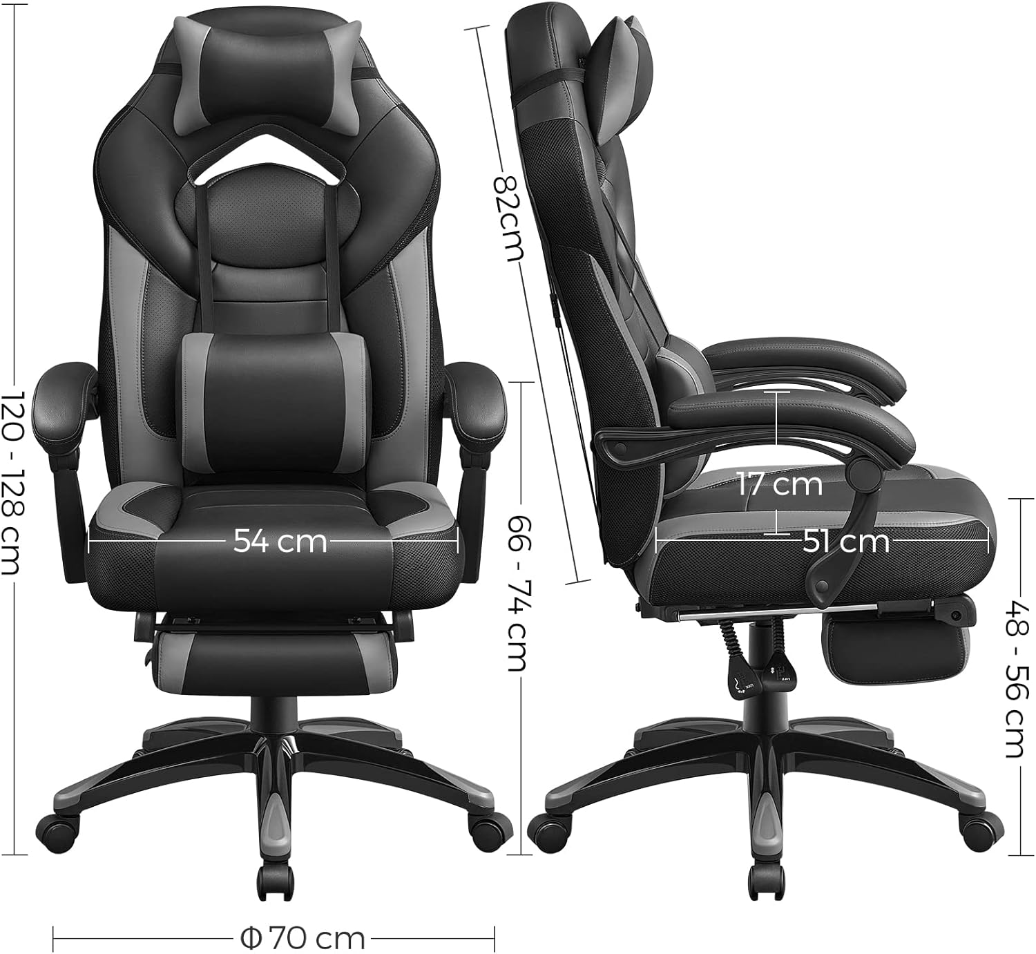 SONGMICS Gaming Chair, Office Racing Chair with Footrest, Desk Chair, Ergonomic Design, Adjustable Headrest, Lumbar Support, 150 kg Load Capacity, Black and Grey OBG77BGUK-2